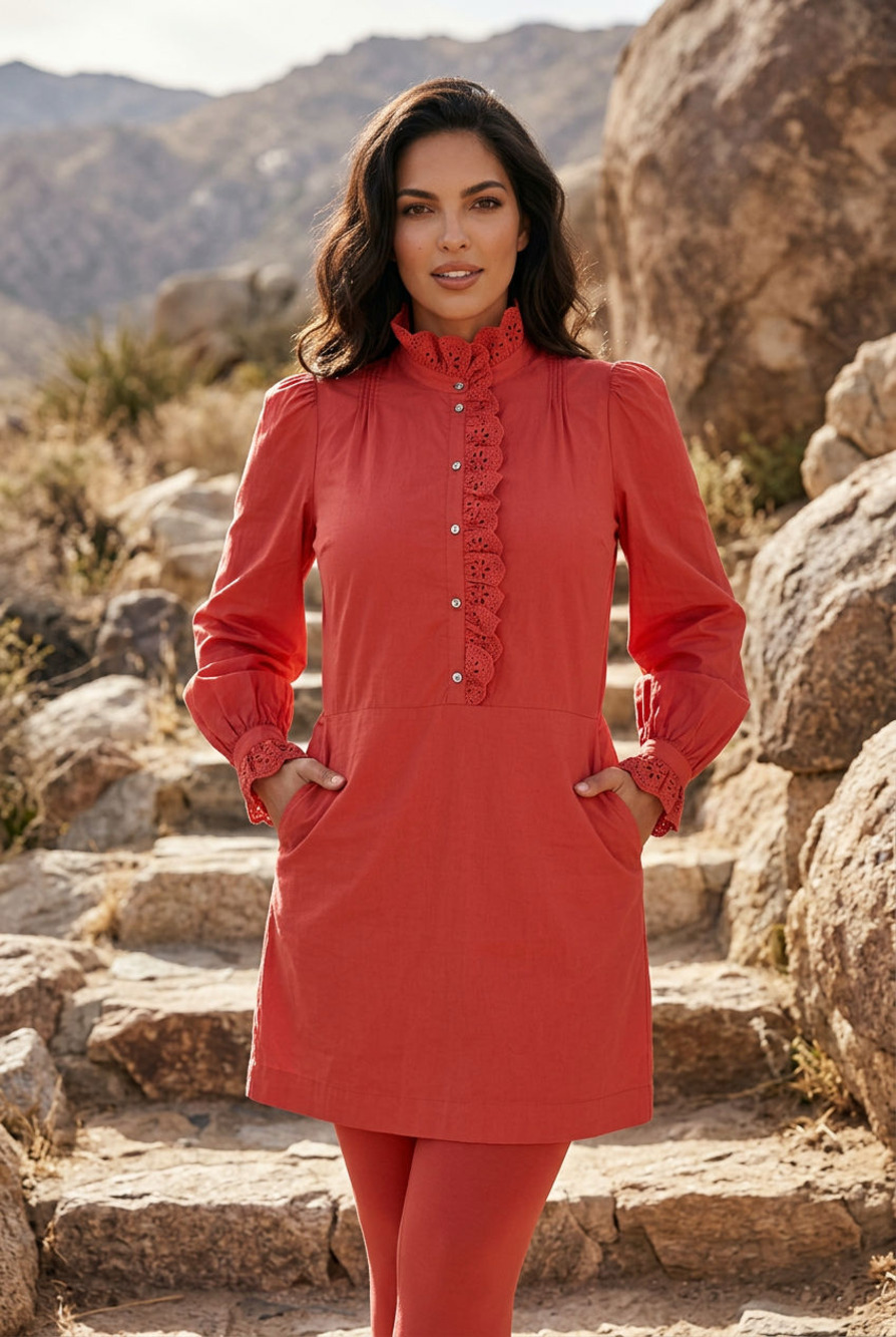 Joie Long Sleeve Button-Down Dress with Eyelet Ruffle Detail